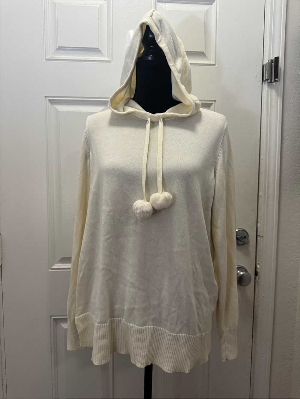 Belle by Kim Gravel Cream Hoodie Sweater with Pom-Pom Ties 0345